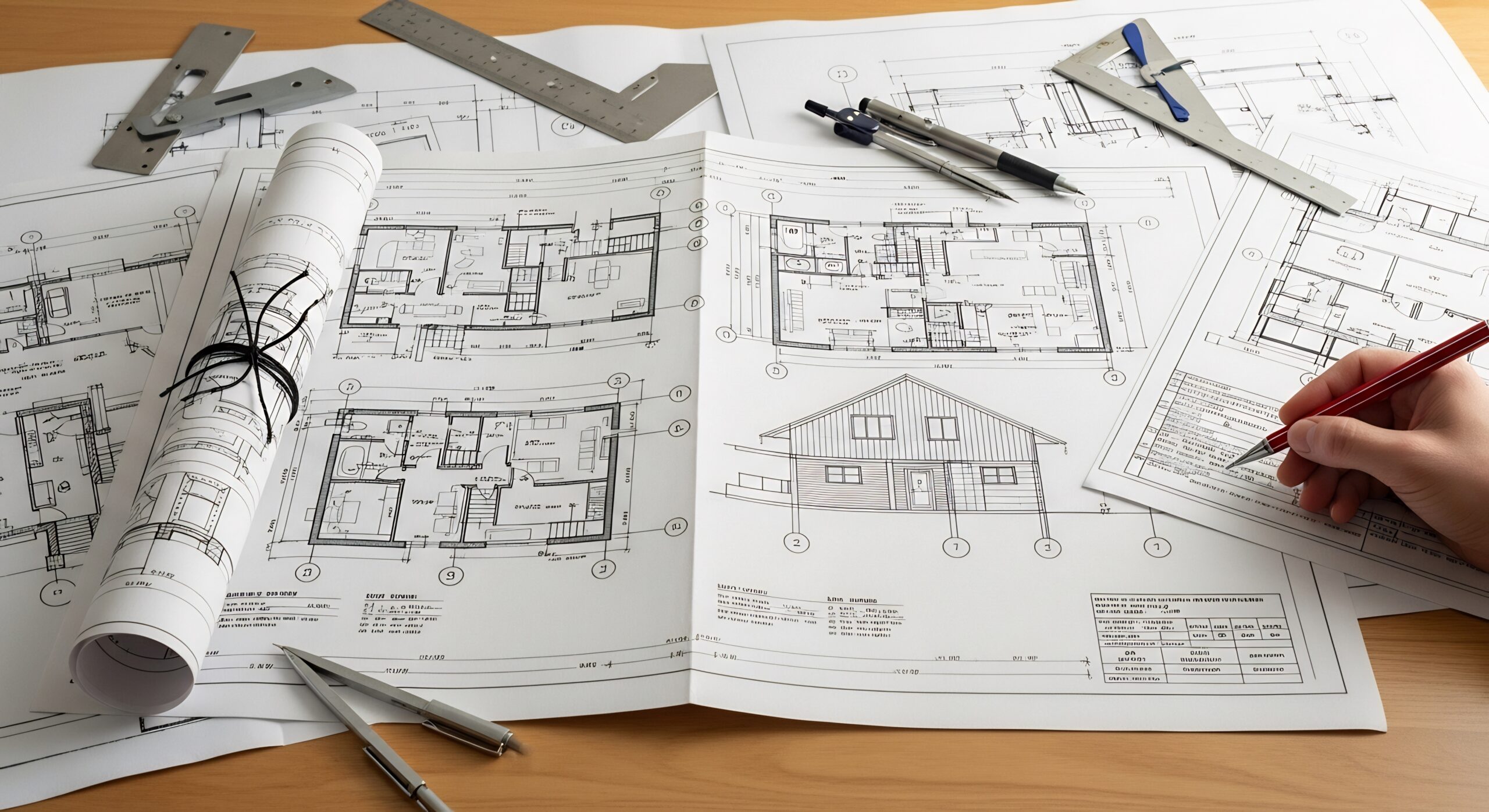 住宅の設計図面と製図道具、間取りを描く手元